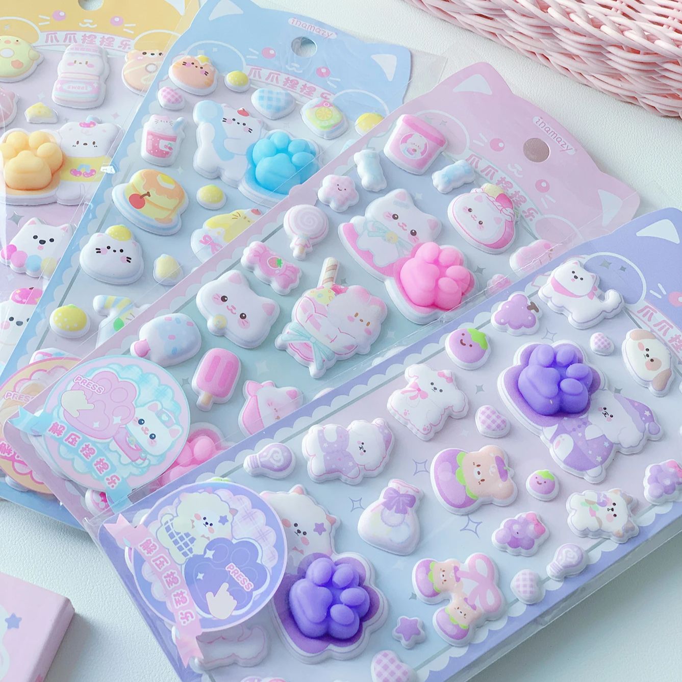 Candy Sour Strip - かわいい3Dふわふわ猫の足ステッカー、キュートな漫画風動物デザートキャンディステッカーシート、DIYスクラップブッキングジャーナル文房具デコレーション