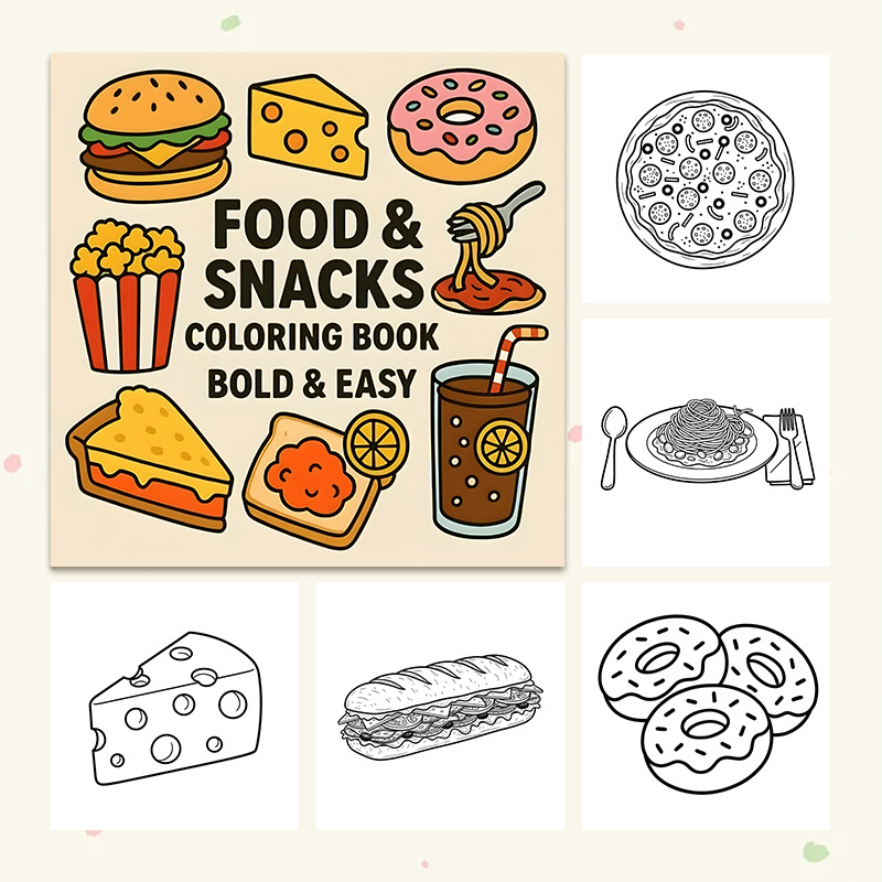 厚手の食品＆スナックをテーマにした塗り絵ブック、滲み防止スト - Food And Snacks Coloring Book のレビューと価格