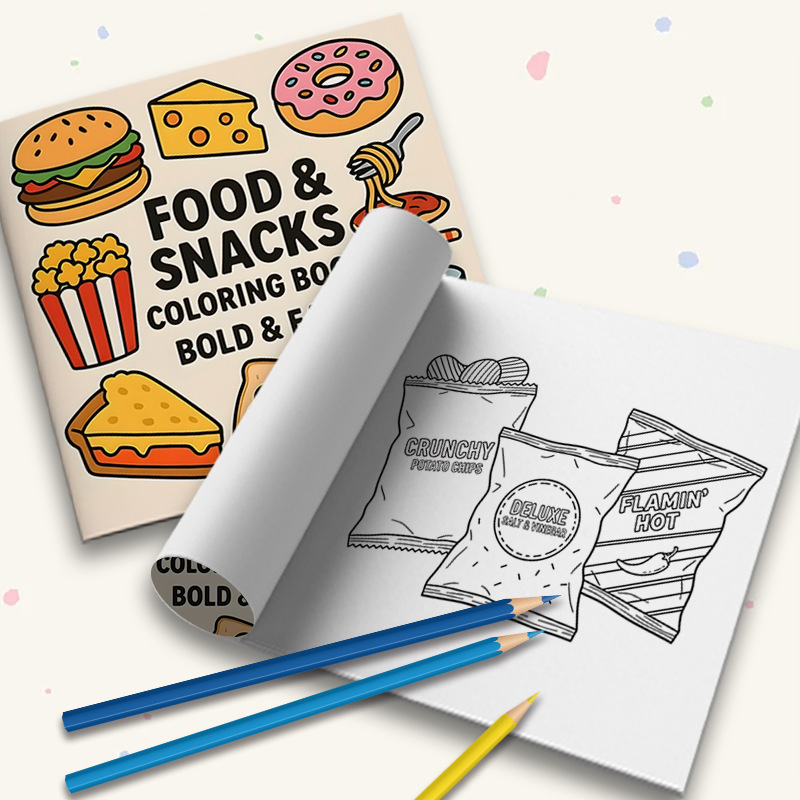 厚手の食品＆スナックをテーマにした塗り絵ブック、滲み防止スト - Food And Snacks Coloring Book のレビューと価格