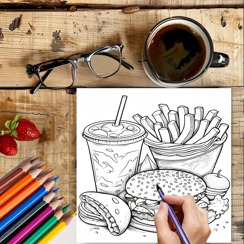 大人向けのファーストフード塗り絵ブック、かわいい描画ページ、 - Food And Snacks Coloring Book のレビューと価格